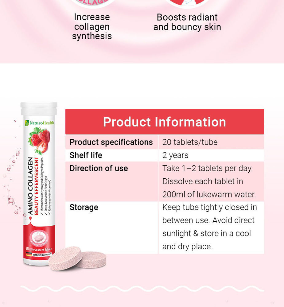 There are 20 collagen tablets in 1 tube of NaturoHealth Amino Collagen Beauty Effervescent. Take 1 to 2 collagen tablets per day by dissolving it in 200ml of lukewarm water.